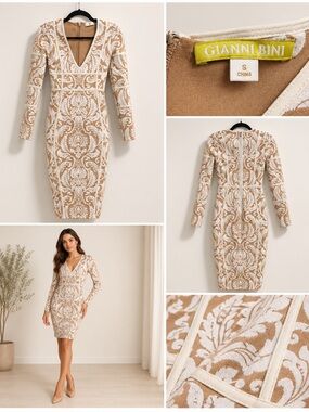 Gianni Bini Beige & White Long-Sleeve Embroidered V-Neck Sheath Dress